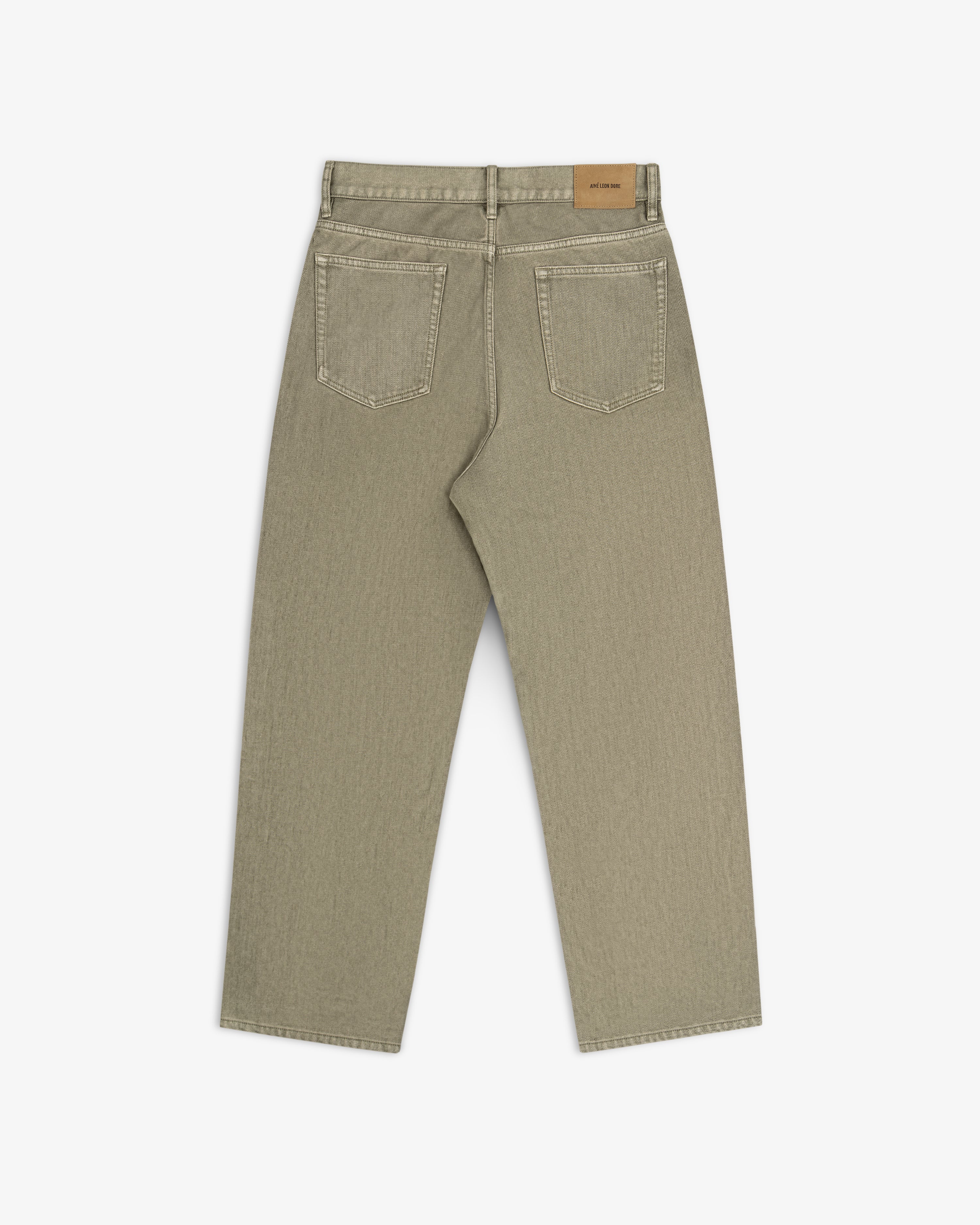 Back view of Flocked Straight Fit Denim jeans in olive green, featuring two back pockets and a tan waistband patch.