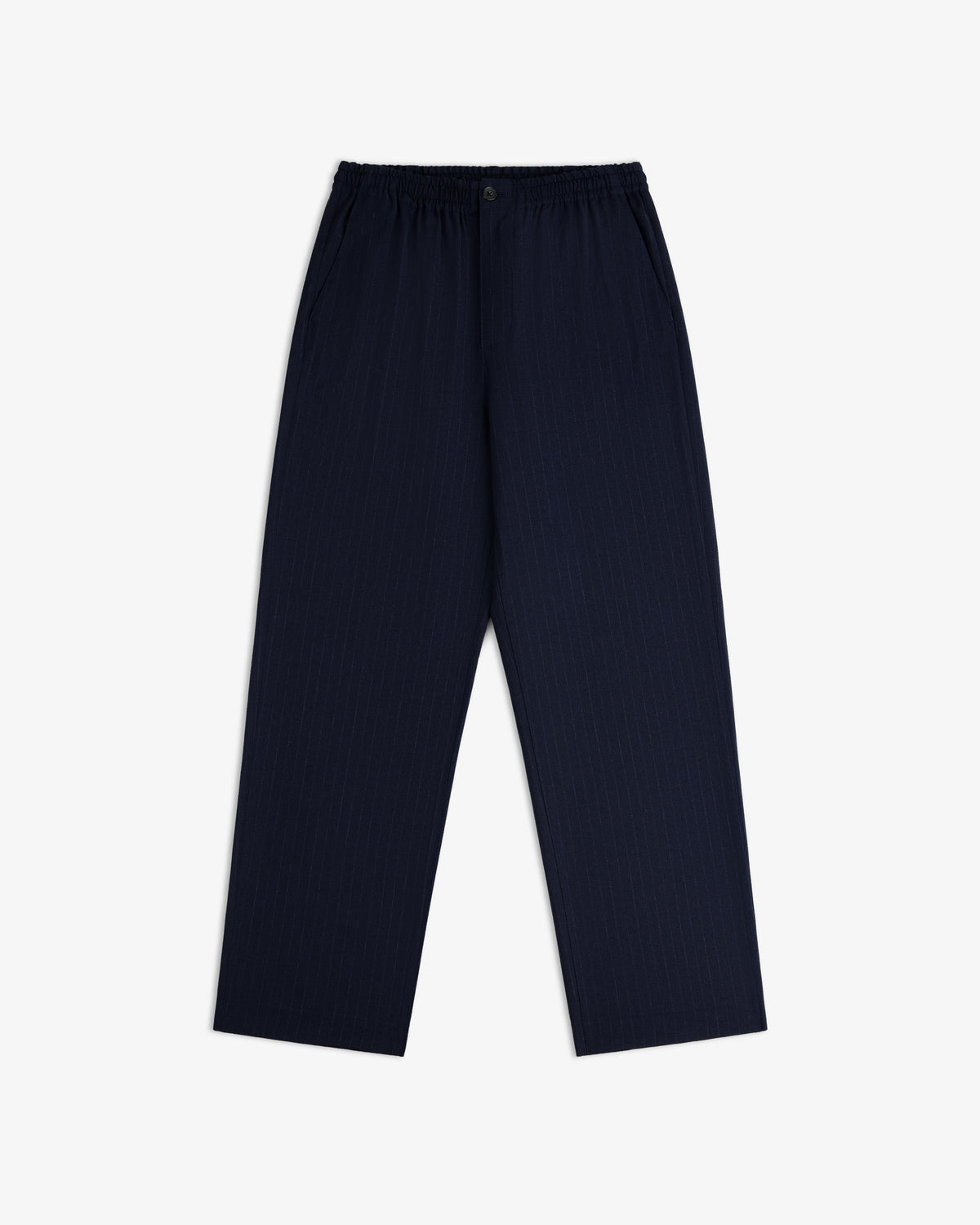 Wool Chalk Stripe Elasticated Waist Trouser in dark navy with pinstripes and an elasticated waistband.