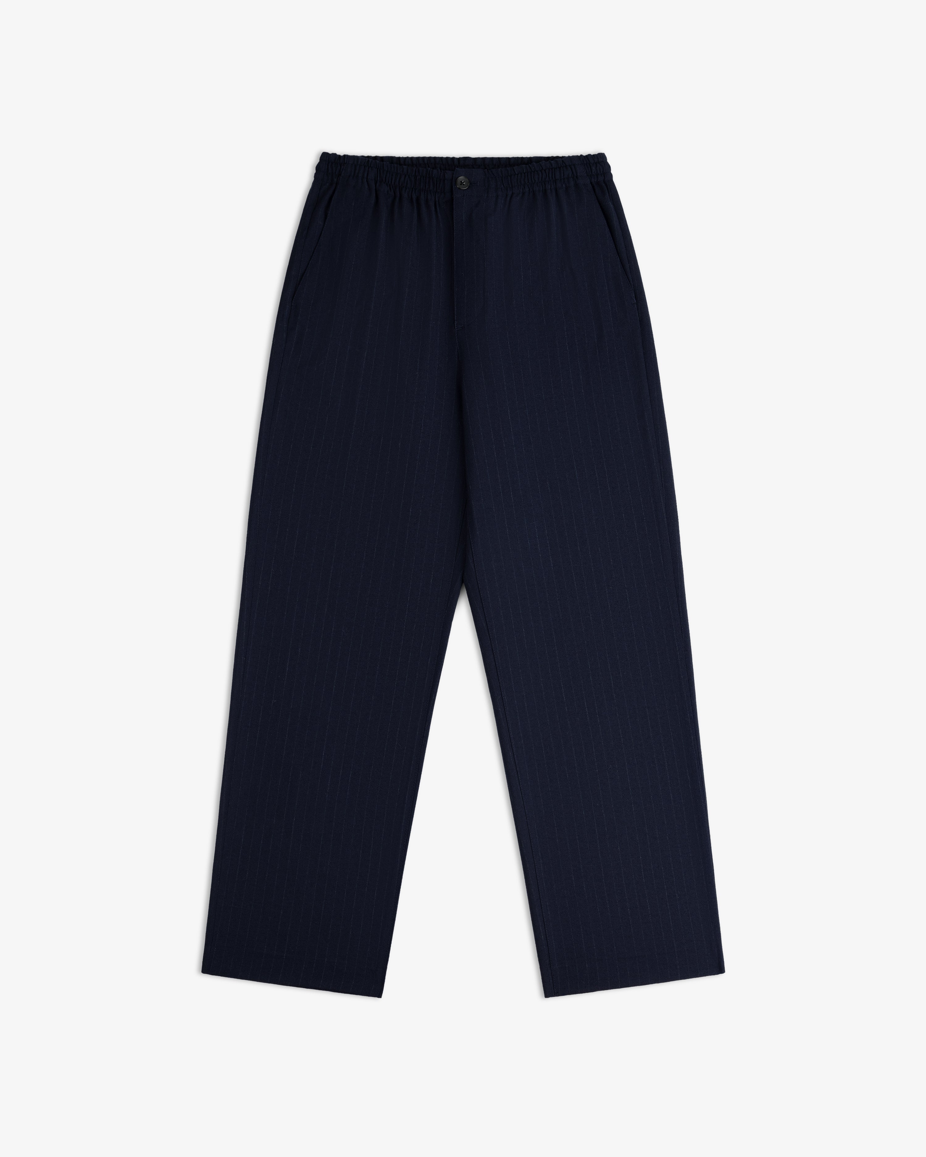 Wool Chalk Stripe Elasticated Waist Trouser in dark navy with pinstripes and an elasticated waistband.