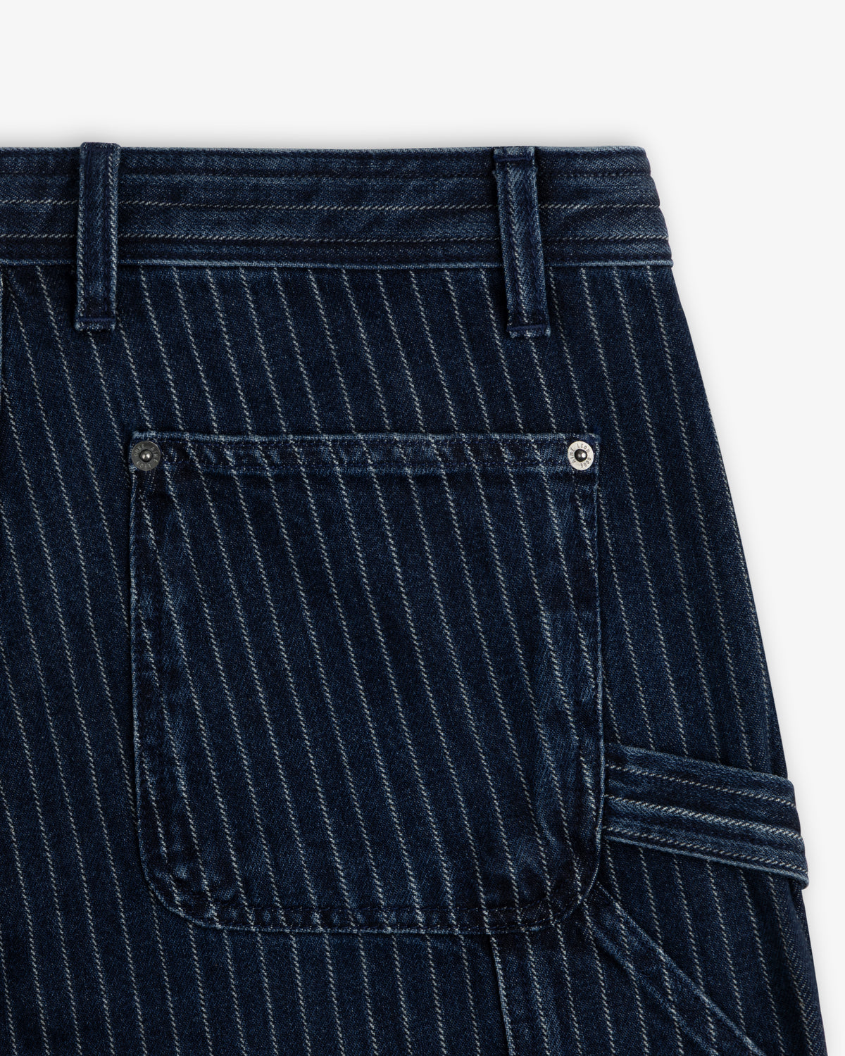 Close-up of Chalk Stripe Painter Pant in navy with square back pocket and side loop detail.