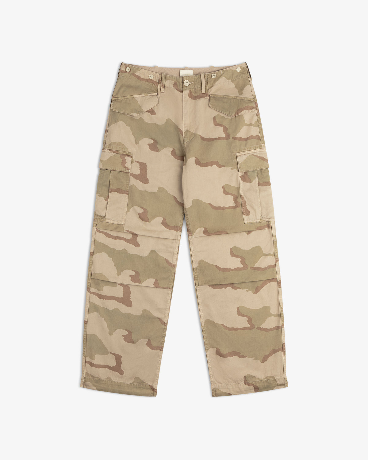 Camo Fatigue Pant in tan and light brown camouflage with side pockets and button details.