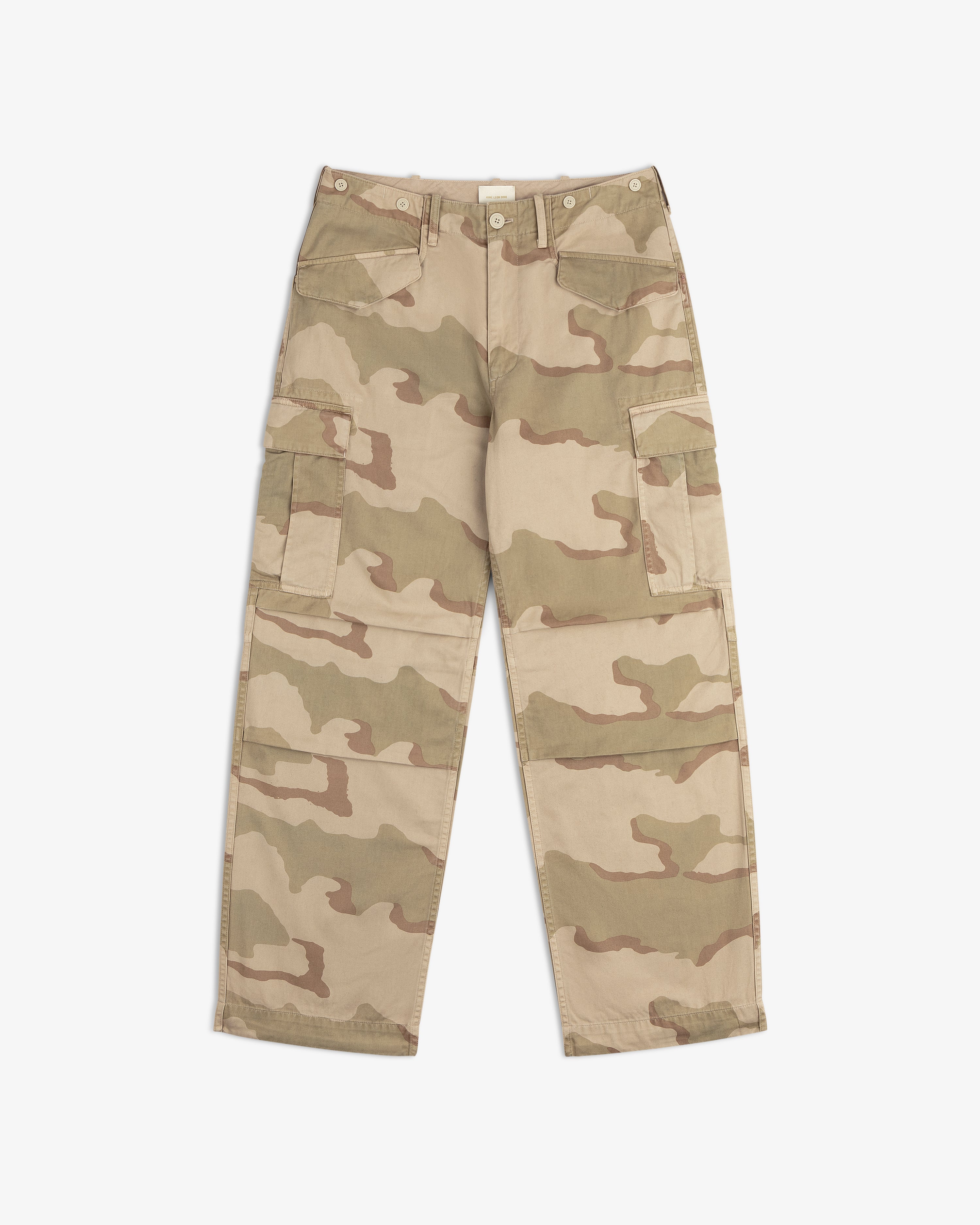 Camo Fatigue Pant in tan and light brown camouflage with side pockets and button details.