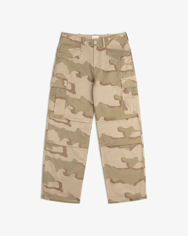 Camo Fatigue Pant in tan and light brown camouflage with side pockets and button details.