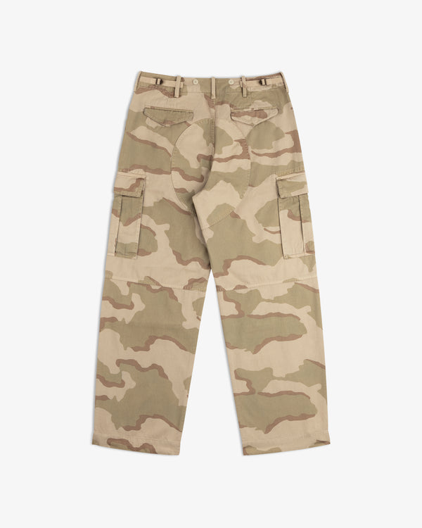 Back view of Camo Fatigue Pant in camouflage print, featuring side pockets and button-tab waist adjusters.