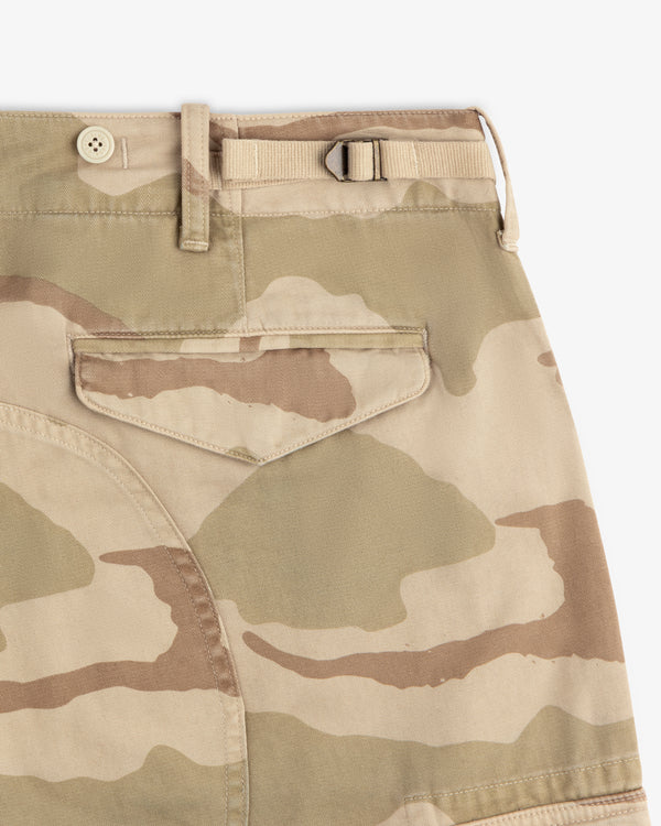 Camo Fatigue Pant in tan featuring a rear flap pocket, a button closure, and a side adjustment strap at the waistband.