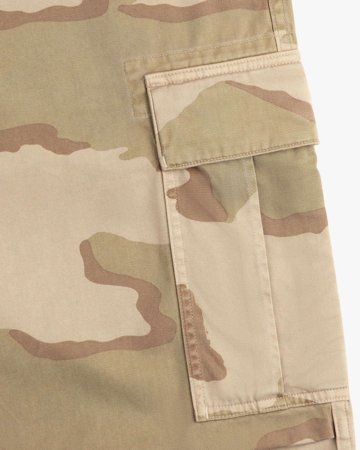 Close-up of a tan and olive Camo Fatigue Pant cargo pocket with a flap.