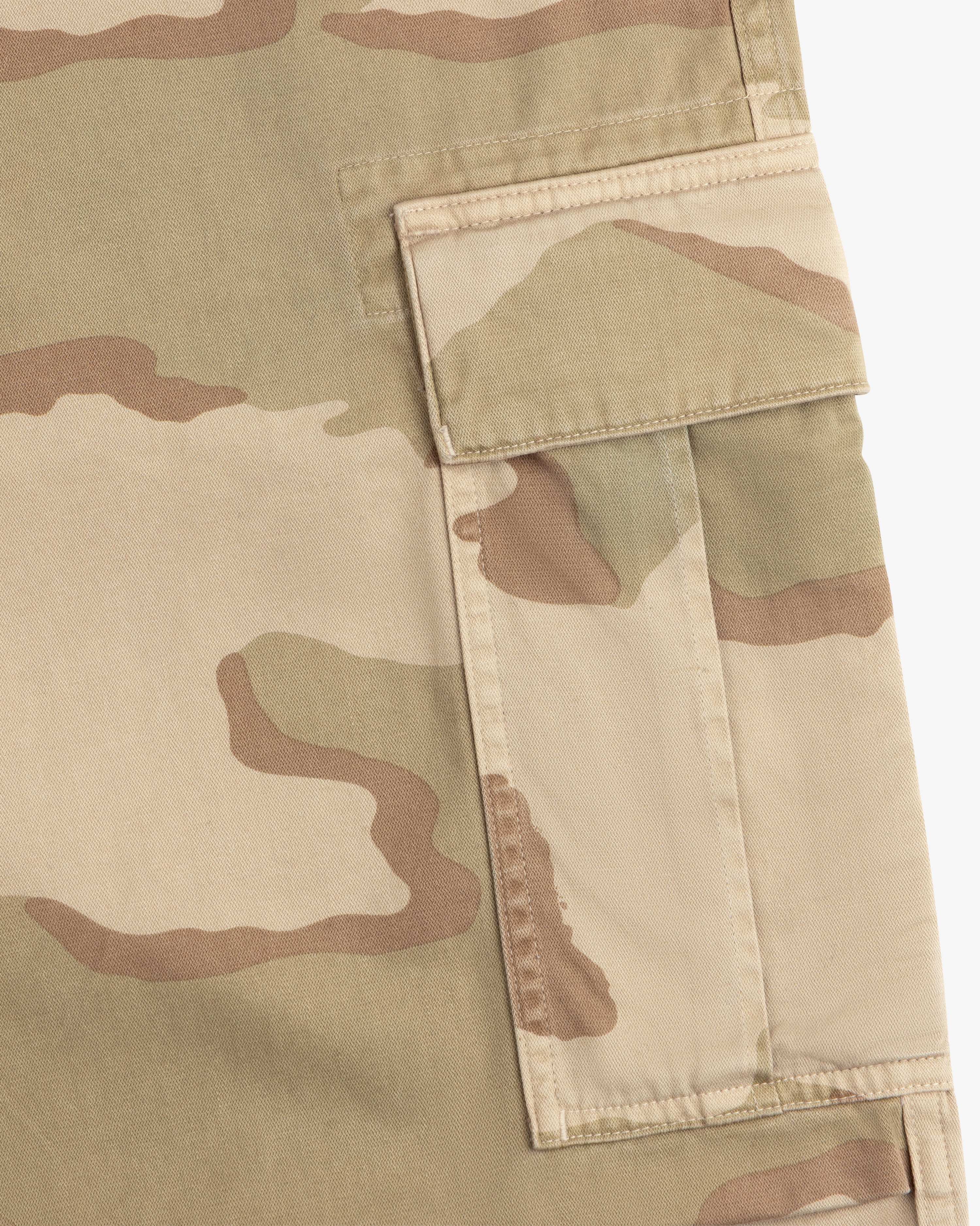 Close-up of a tan and olive Camo Fatigue Pant cargo pocket with a flap.