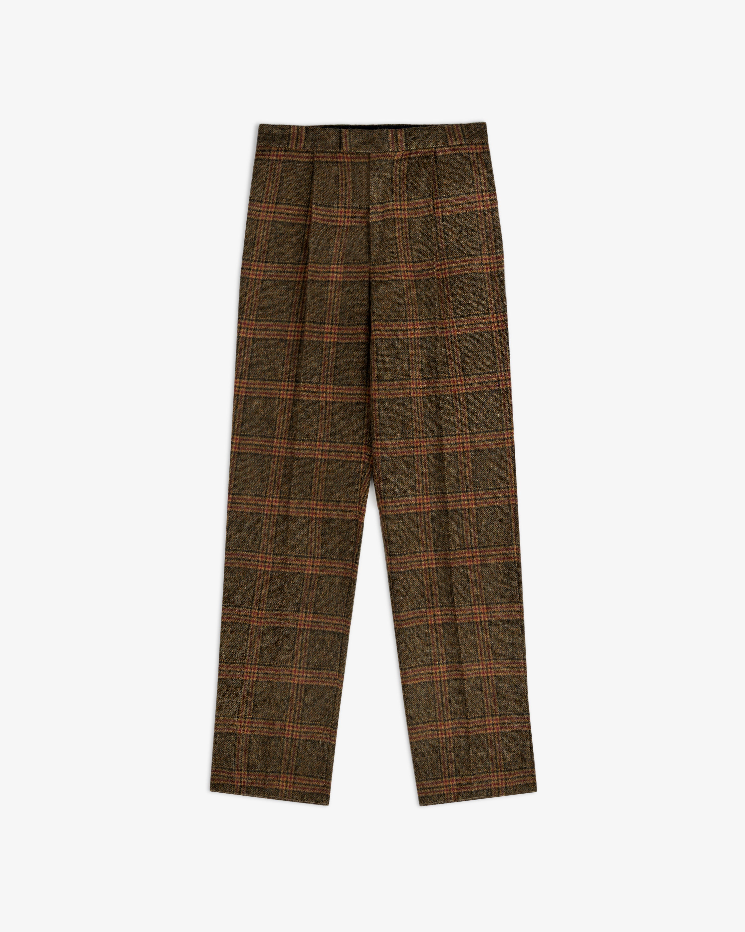 Plaid Tweed Suit Trouser in a straight-leg cut featuring a brown and orange plaid pattern.