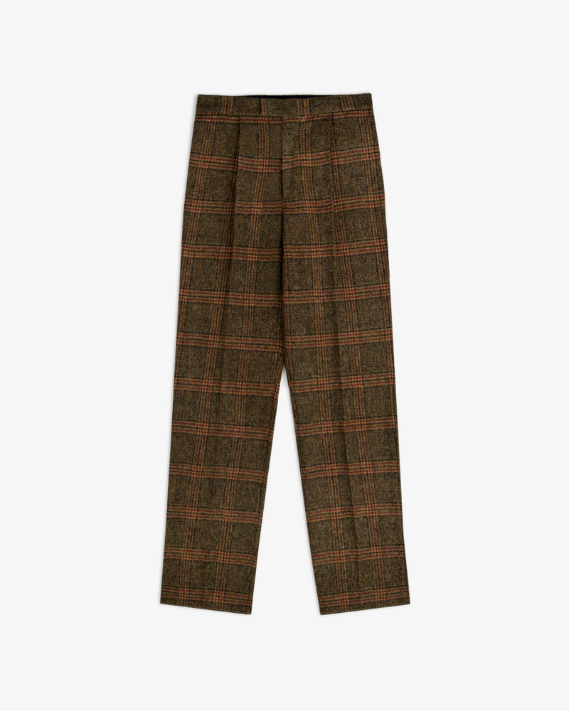 Plaid Tweed Suit Trouser in a straight-leg cut featuring a brown and orange plaid pattern.