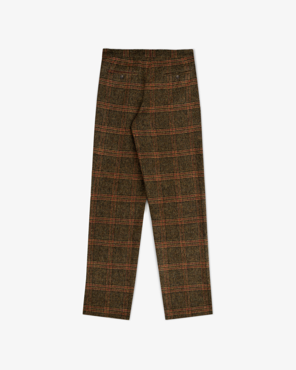 Back view of brown Plaid Tweed Suit Trouser featuring two buttoned welt pockets.