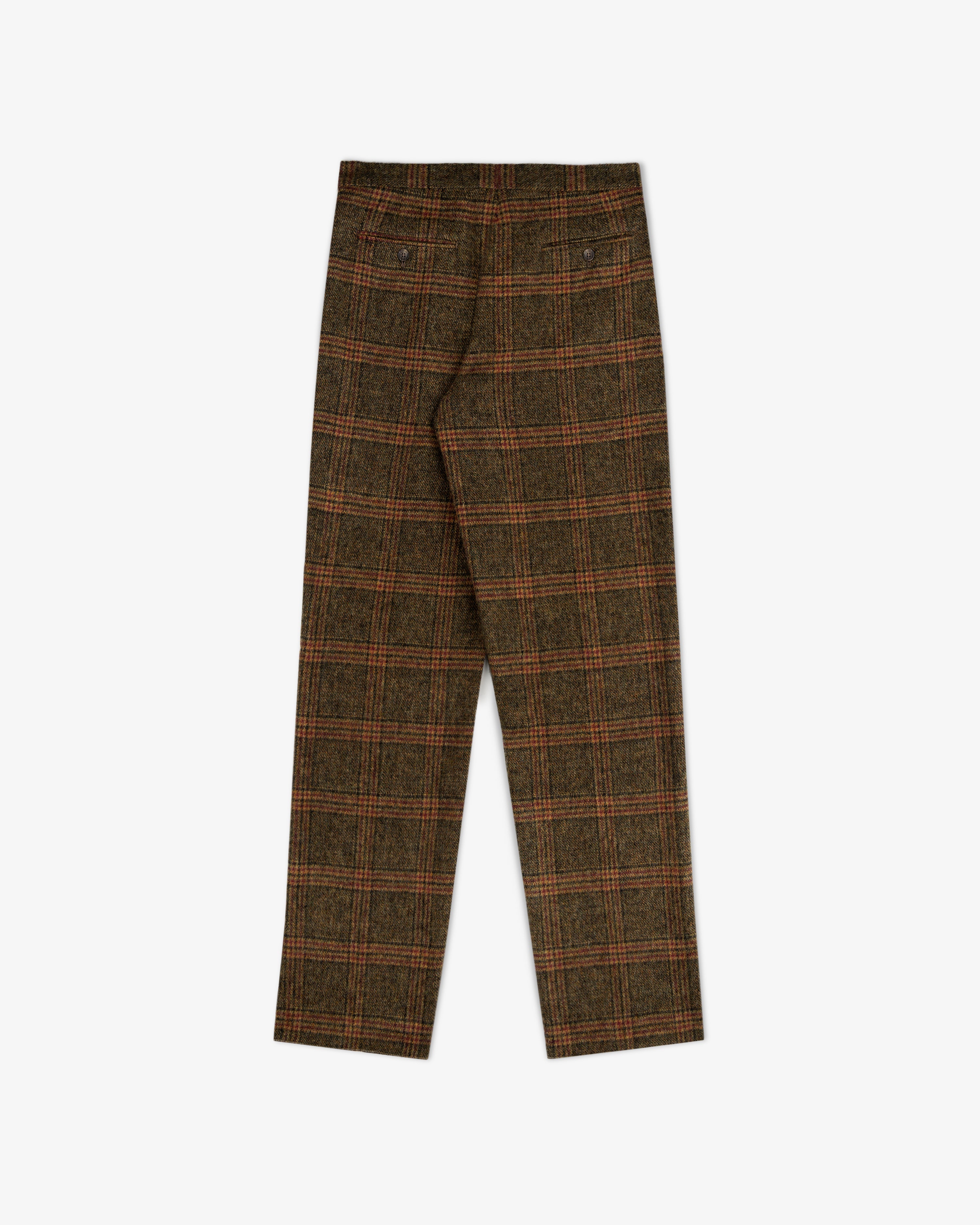 Back view of brown Plaid Tweed Suit Trouser featuring two buttoned welt pockets.