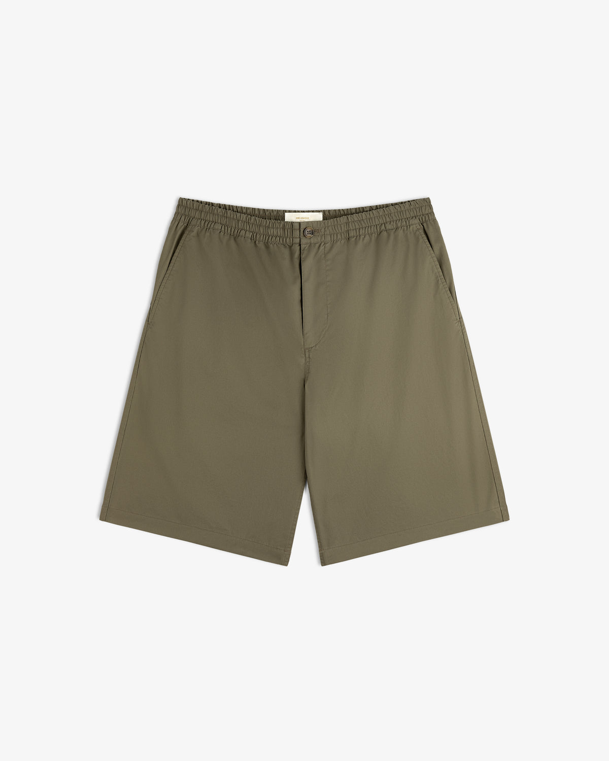 Cotton Casual Short in olive green with elastic waistband and side pockets, shown on a white background.