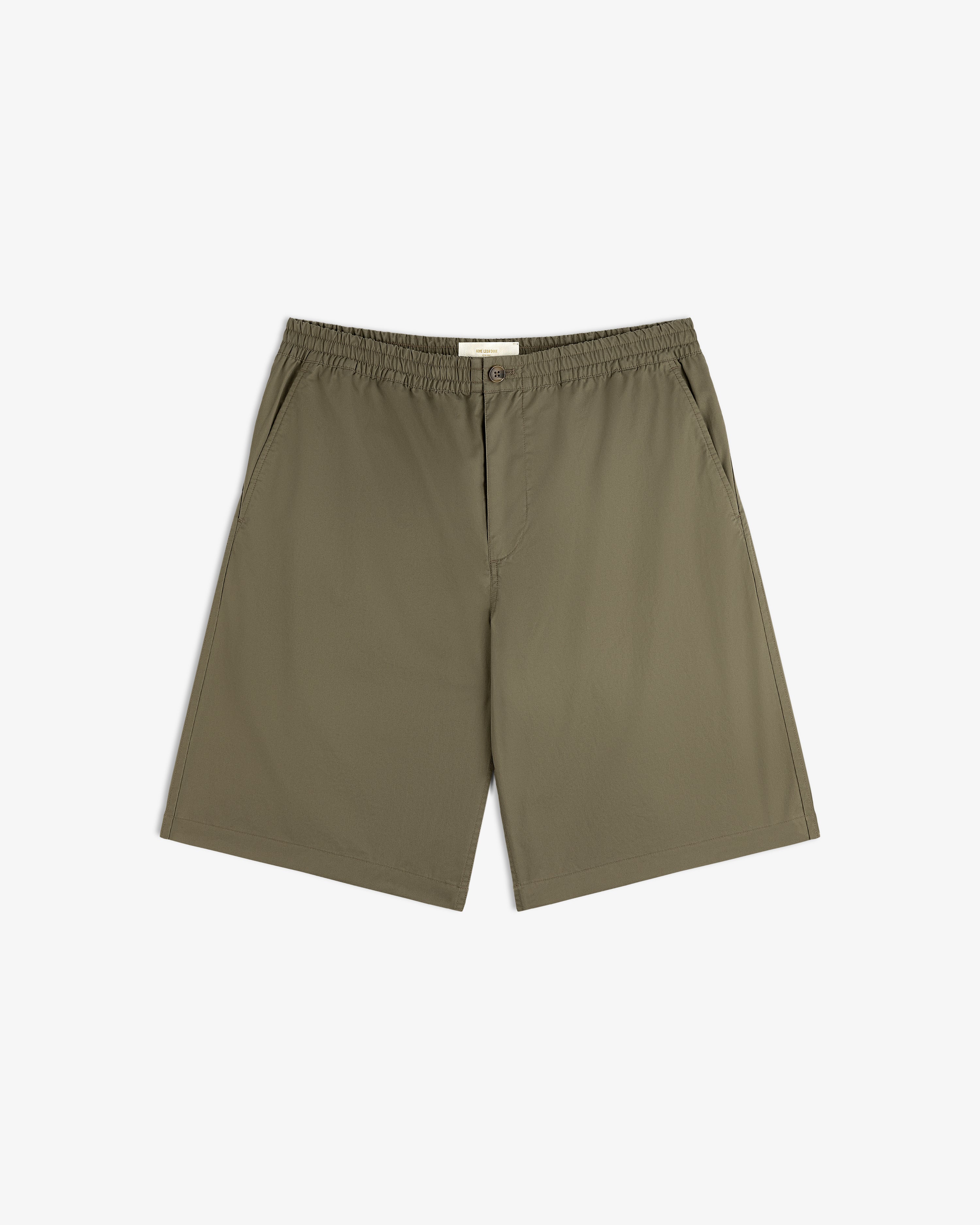 Cotton Casual Short in olive green with elastic waistband and side pockets, shown on a white background.