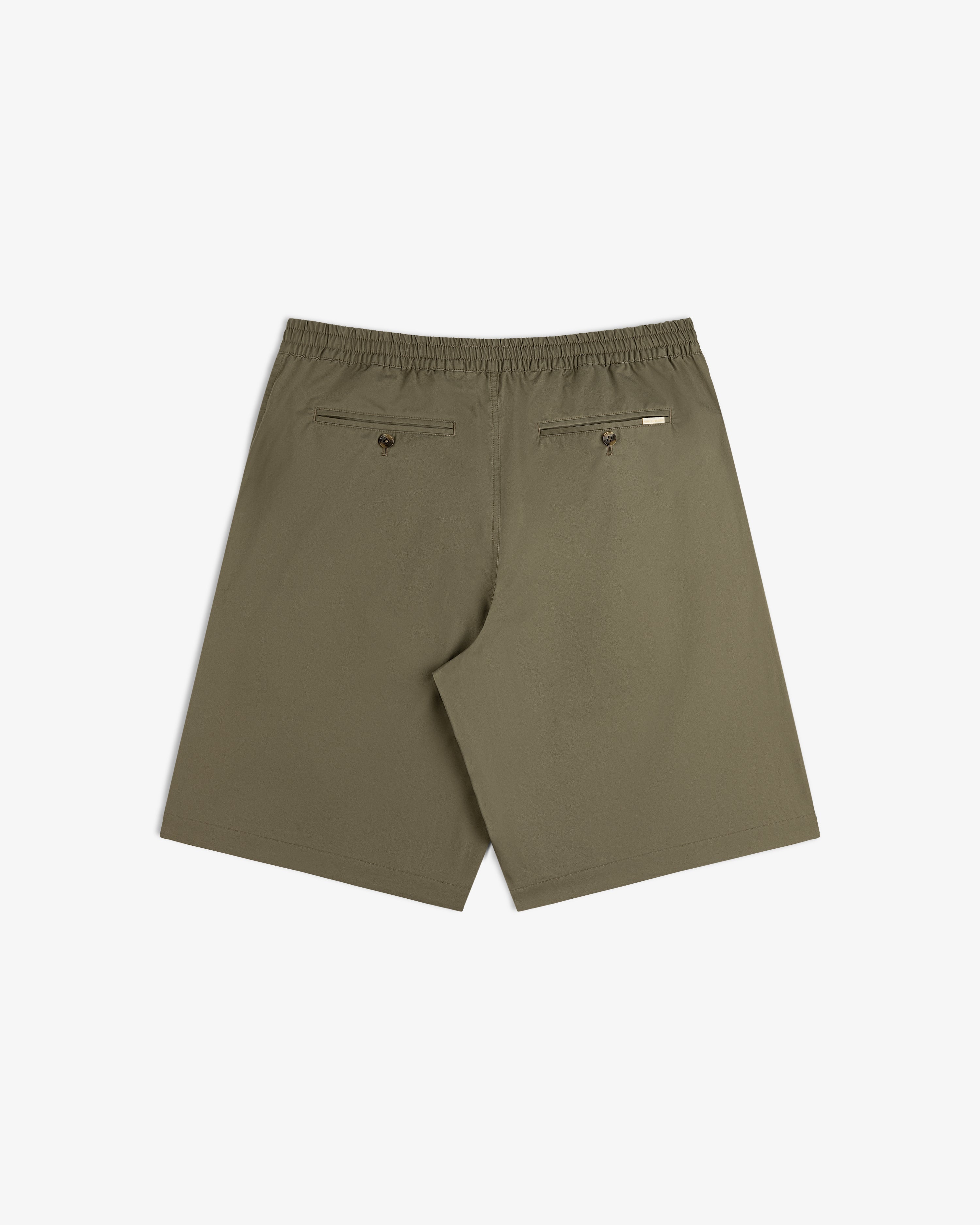 Back of Cotton Casual Short in olive green with elastic waist, two buttoned pockets, on white background.