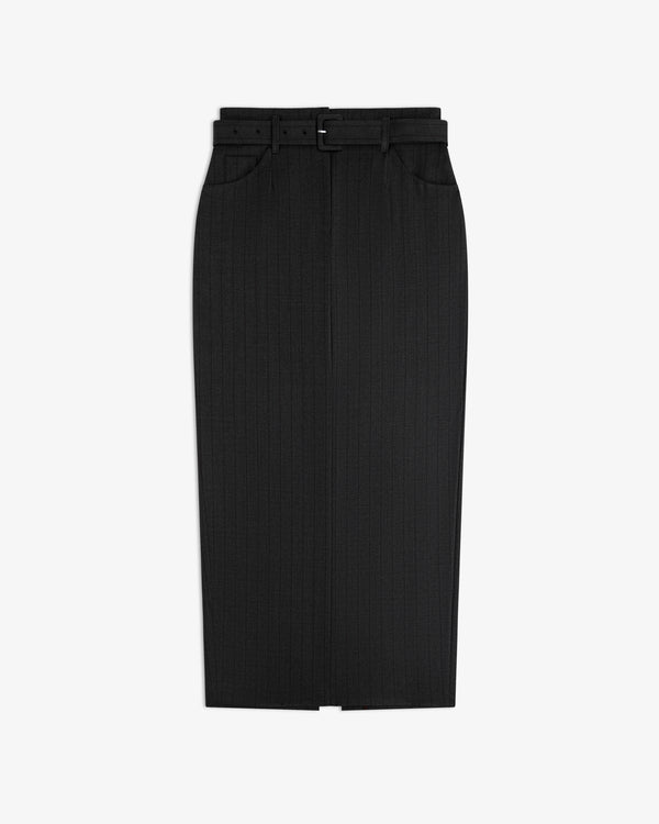 Striped Tailored Maxi Skirt: black pinstriped maxi skirt with a matching buckled belt and pockets.