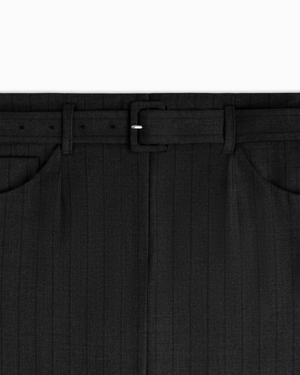 Striped Tailored Maxi Skirt in dark grey pinstripe with a matching belt and buckle at the waist.