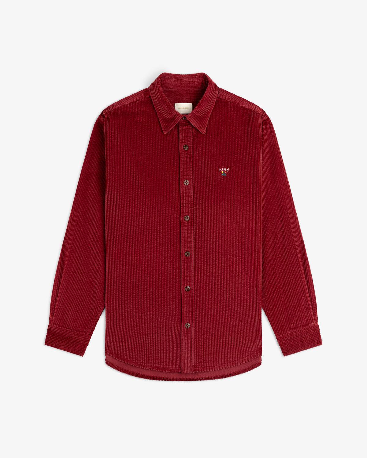 Deep red Corduroy Leon overshirt with a button-down front and a small embroidered logo on the chest.