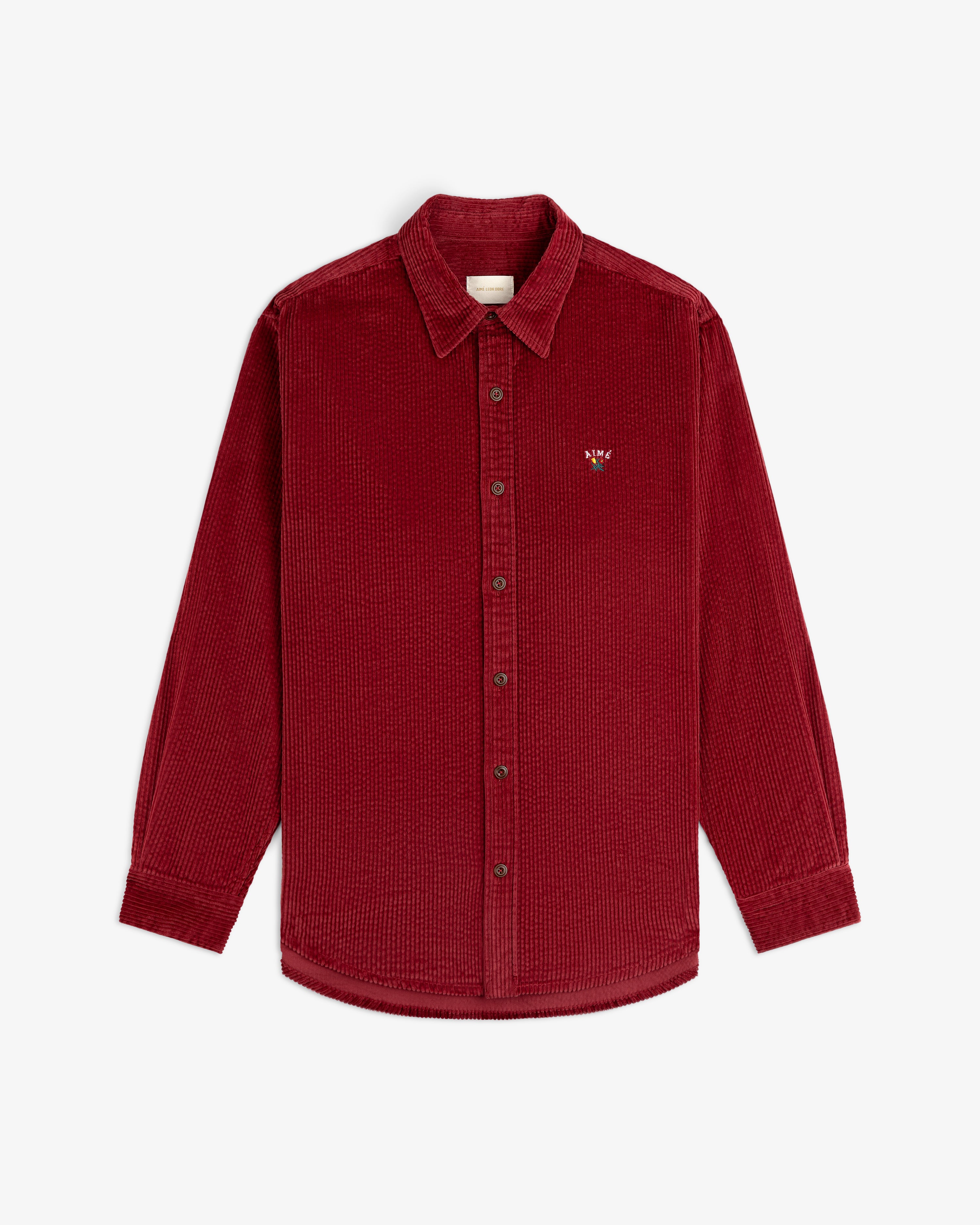 Deep red Corduroy Leon overshirt with a button-down front and a small embroidered logo on the chest.