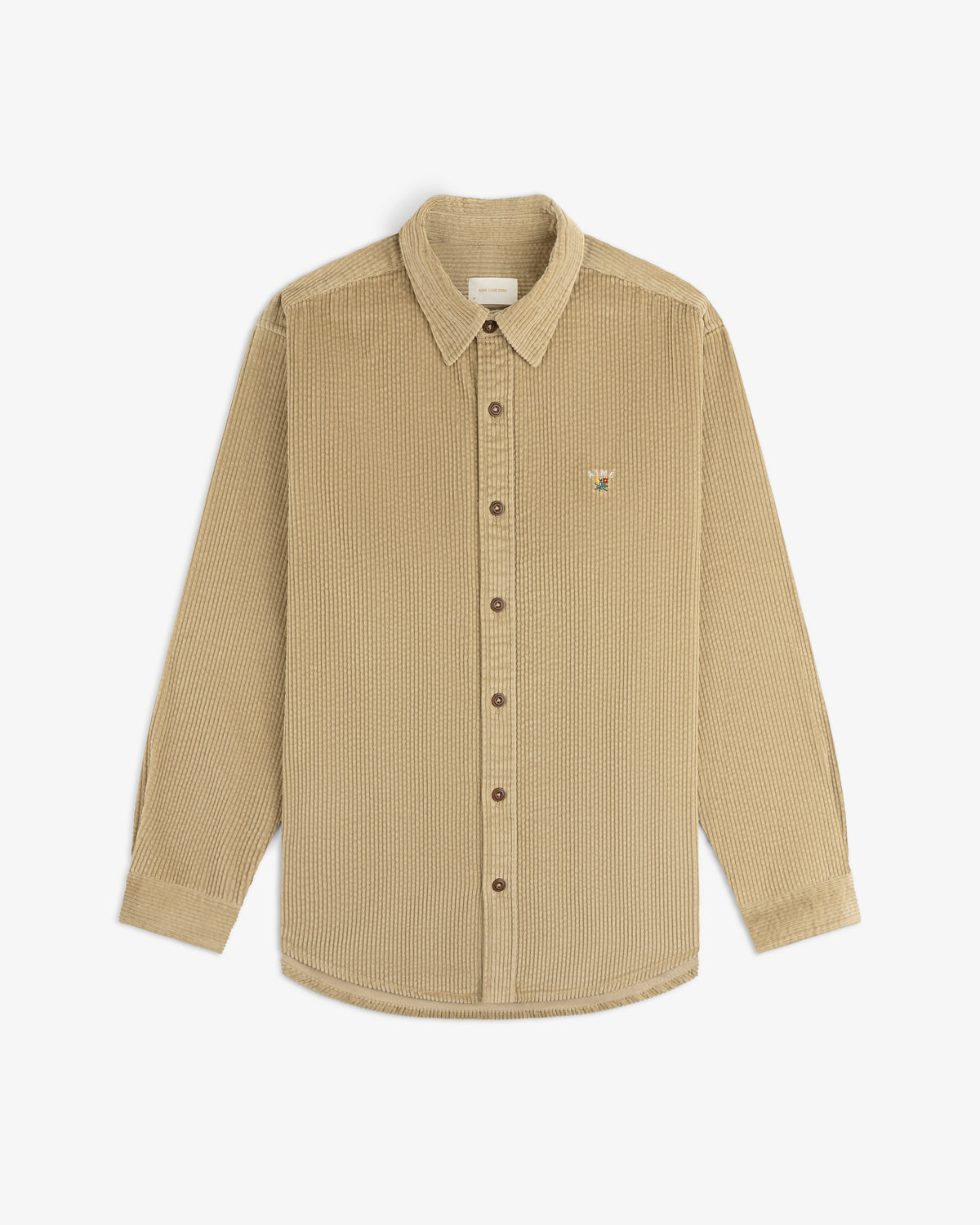 Beige Corduroy Leon Overshirt with a button-down front, long sleeves, and a small embroidered chest graphic.