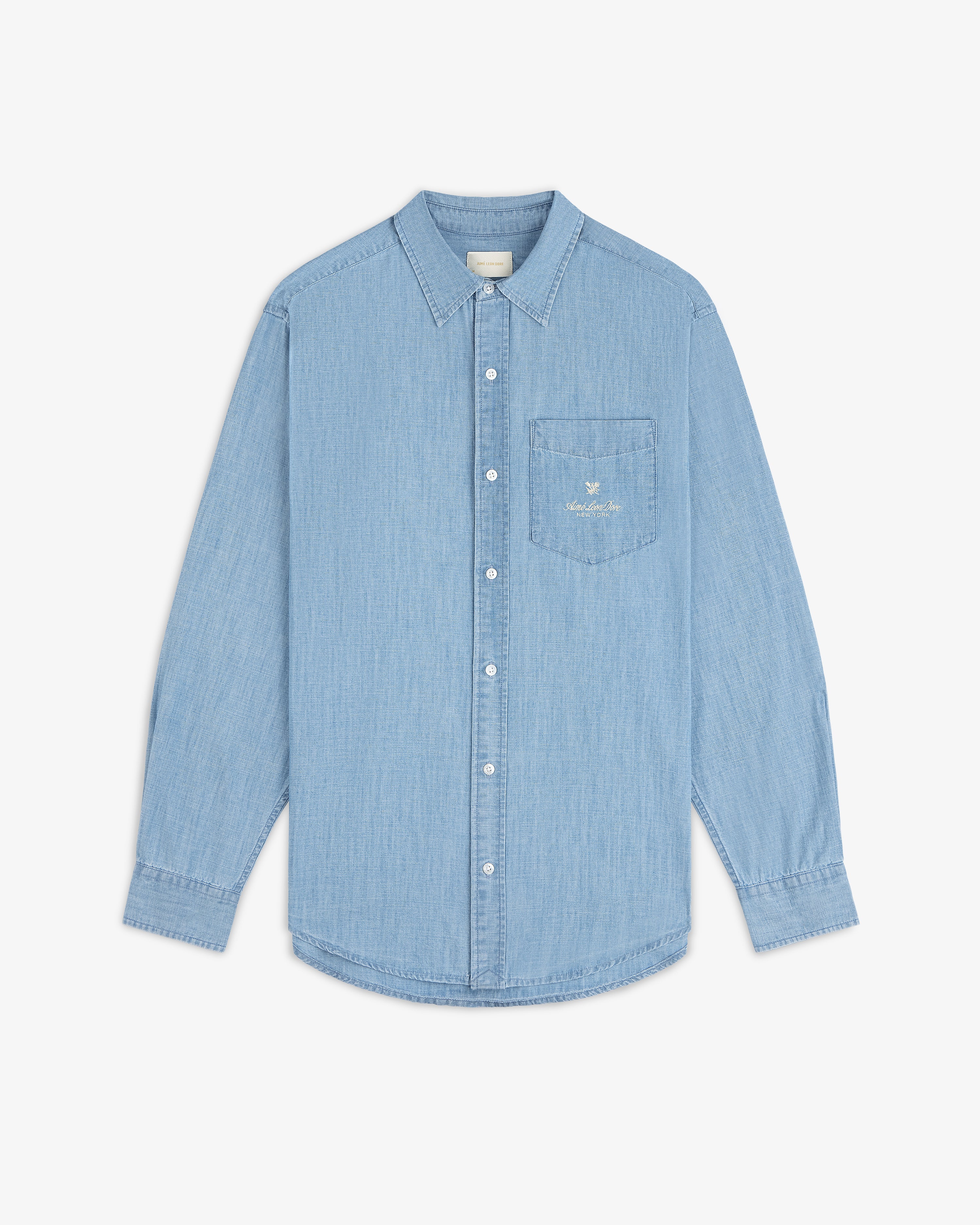 Bayard Chambray Shirt: light blue, long sleeves, chest pocket with small embroidered logo.