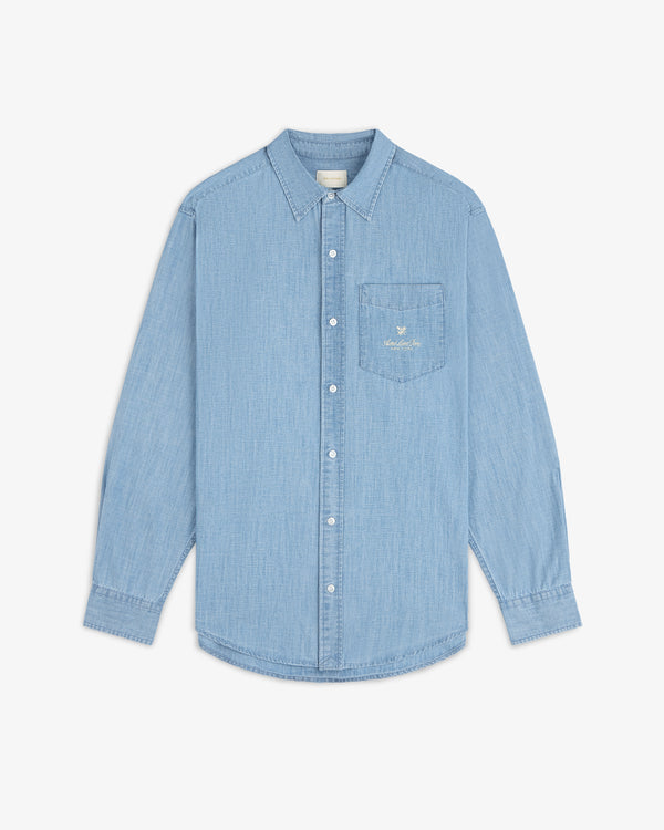 Bayard Chambray Shirt: light blue, long sleeves, chest pocket with small embroidered logo.