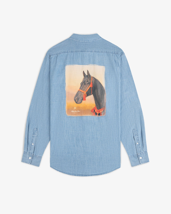Bayard Chambray Shirt: light blue denim with a painted black horse in red halter on orange background on back.