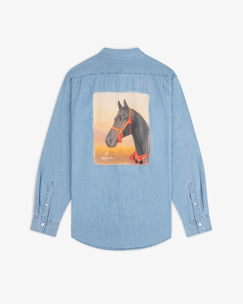 Bayard Chambray Shirt: light blue denim with a painted black horse in red halter on orange background on back.