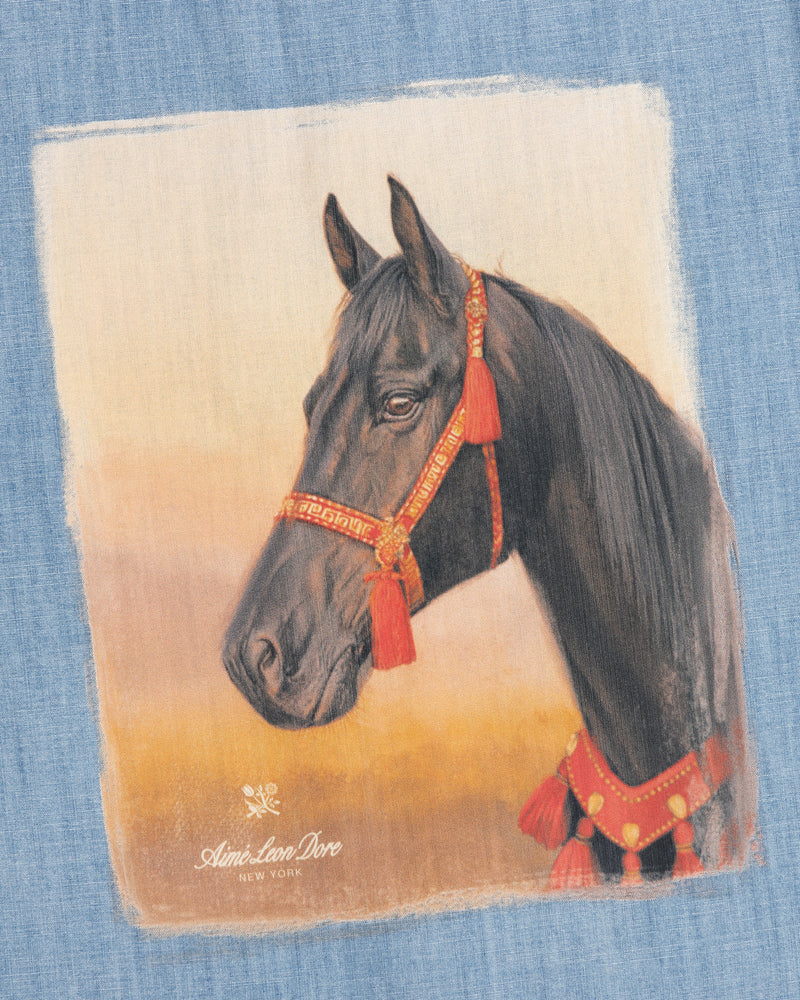 A Bayard Chambray Shirt in black with red-orange accents, displayed in profile on a textured blue background.