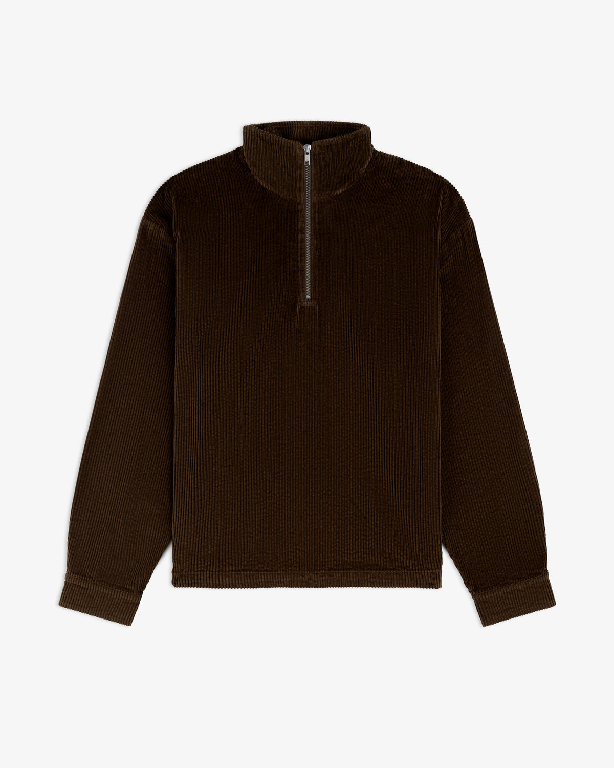 Dark brown Quarter Zip Corduroy Shirt with long sleeves and a quarter-length zipper at the collar.
