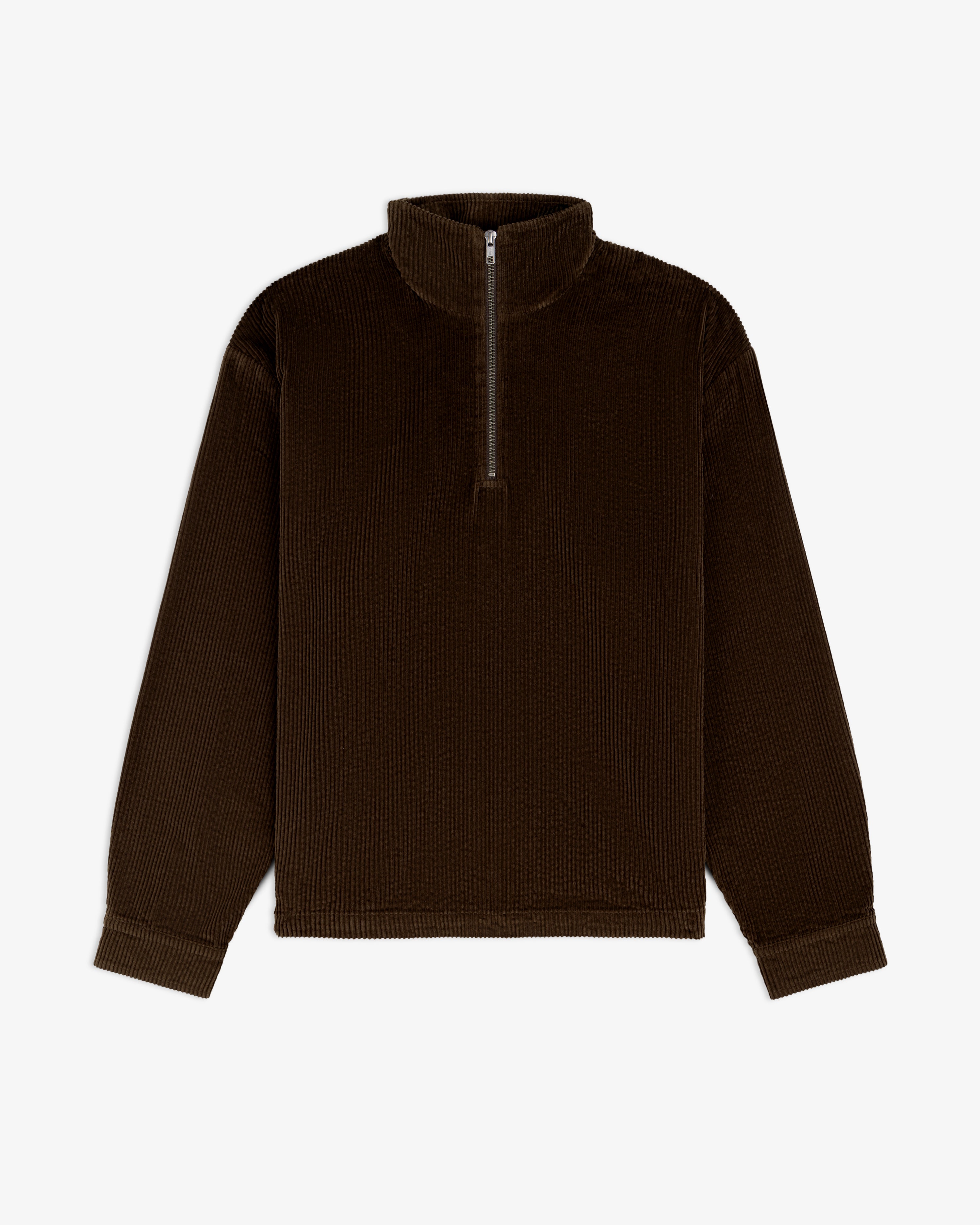 Dark brown Quarter Zip Corduroy Shirt with long sleeves and a quarter-length zipper at the collar.