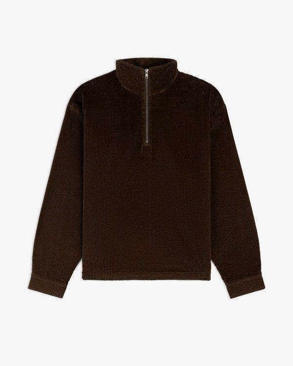 Dark brown Quarter Zip Corduroy Shirt with long sleeves and a quarter-length zipper at the collar.