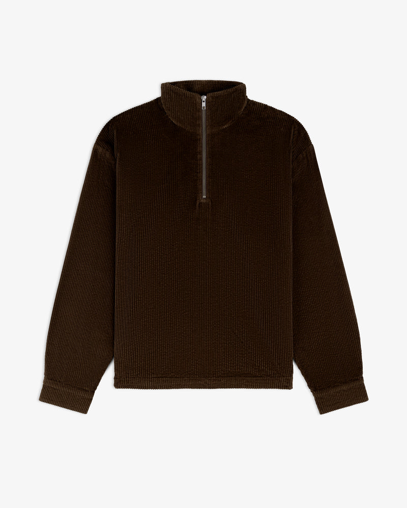 Dark brown Quarter Zip Corduroy Shirt with long sleeves and a quarter-length zipper at the collar.