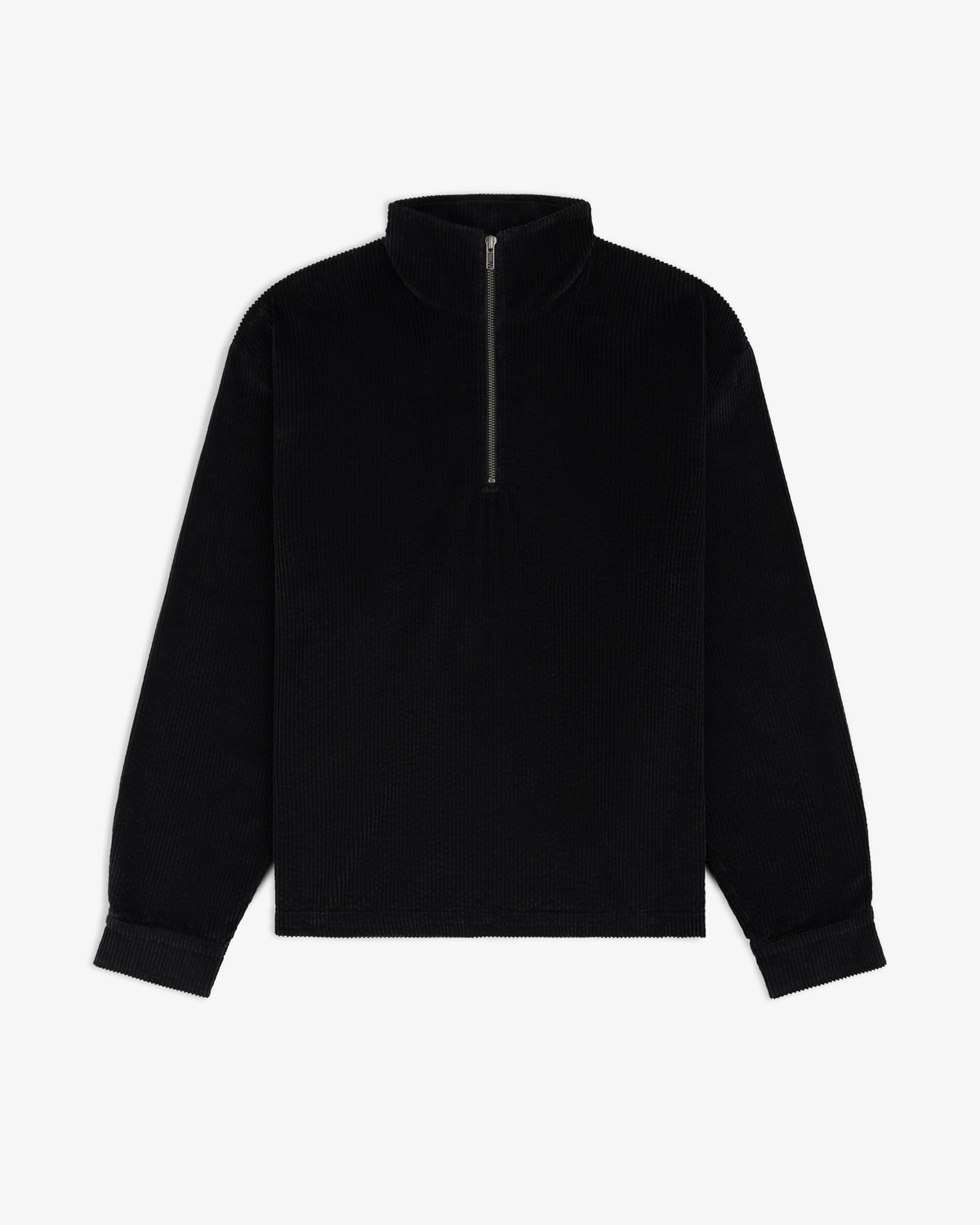 Black Quarter Zip Corduroy Shirt with a long-sleeve, quarter-zip mock neck design.