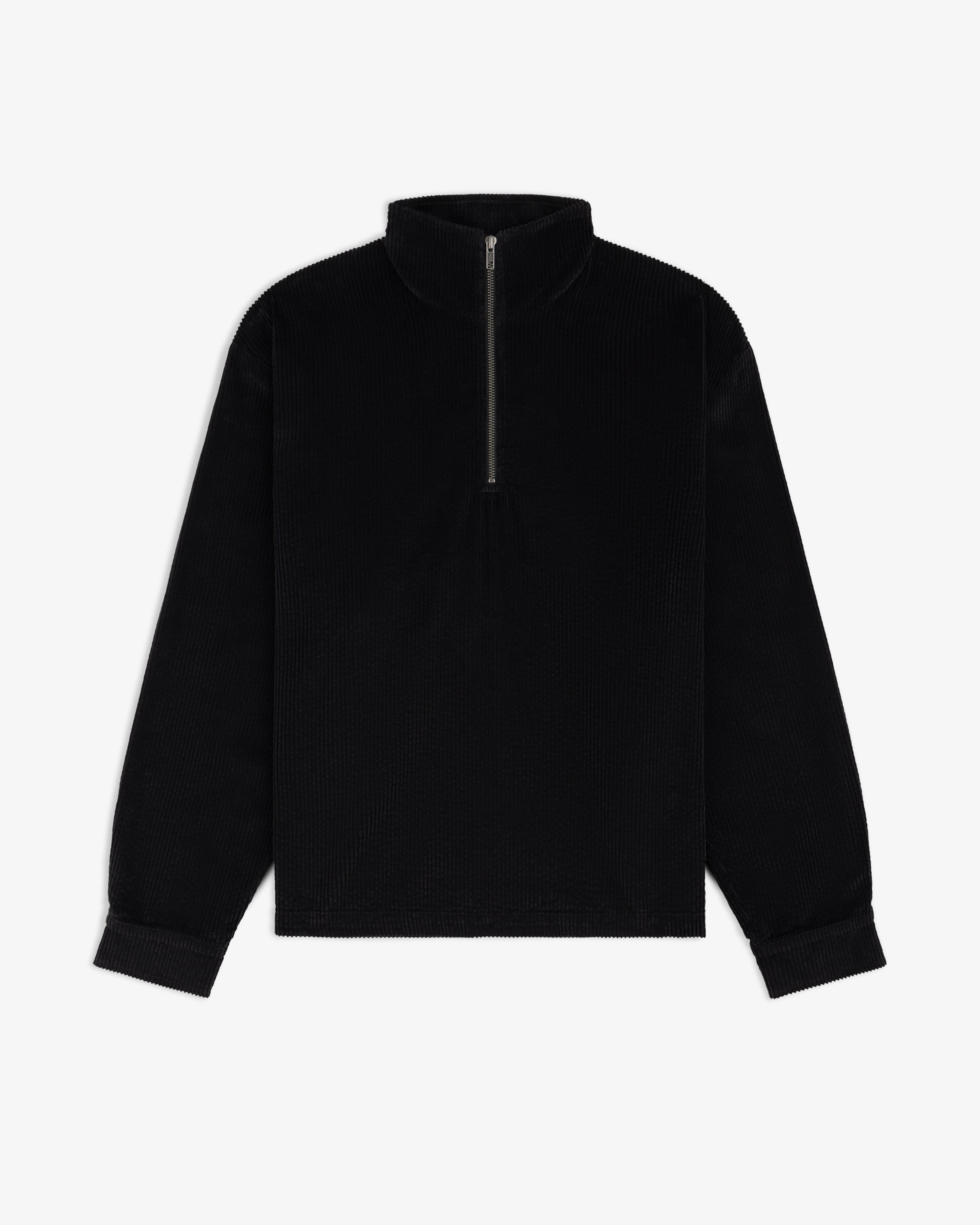 Black Quarter Zip Corduroy Shirt with a long-sleeve, quarter-zip mock neck design.