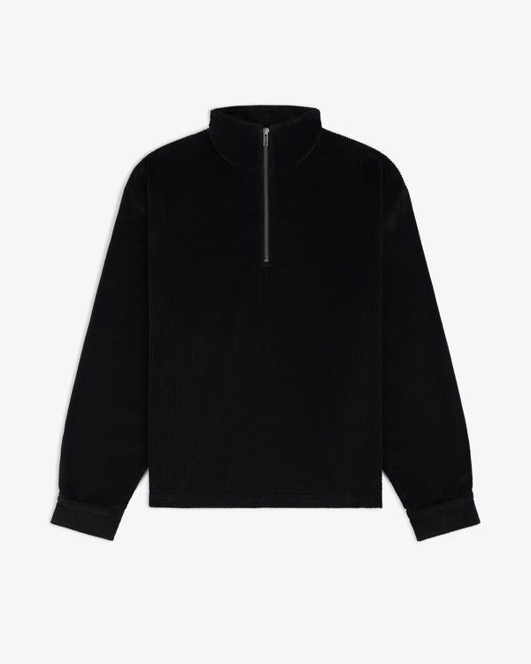 Black Quarter Zip Corduroy Shirt with a long-sleeve, quarter-zip mock neck design.
