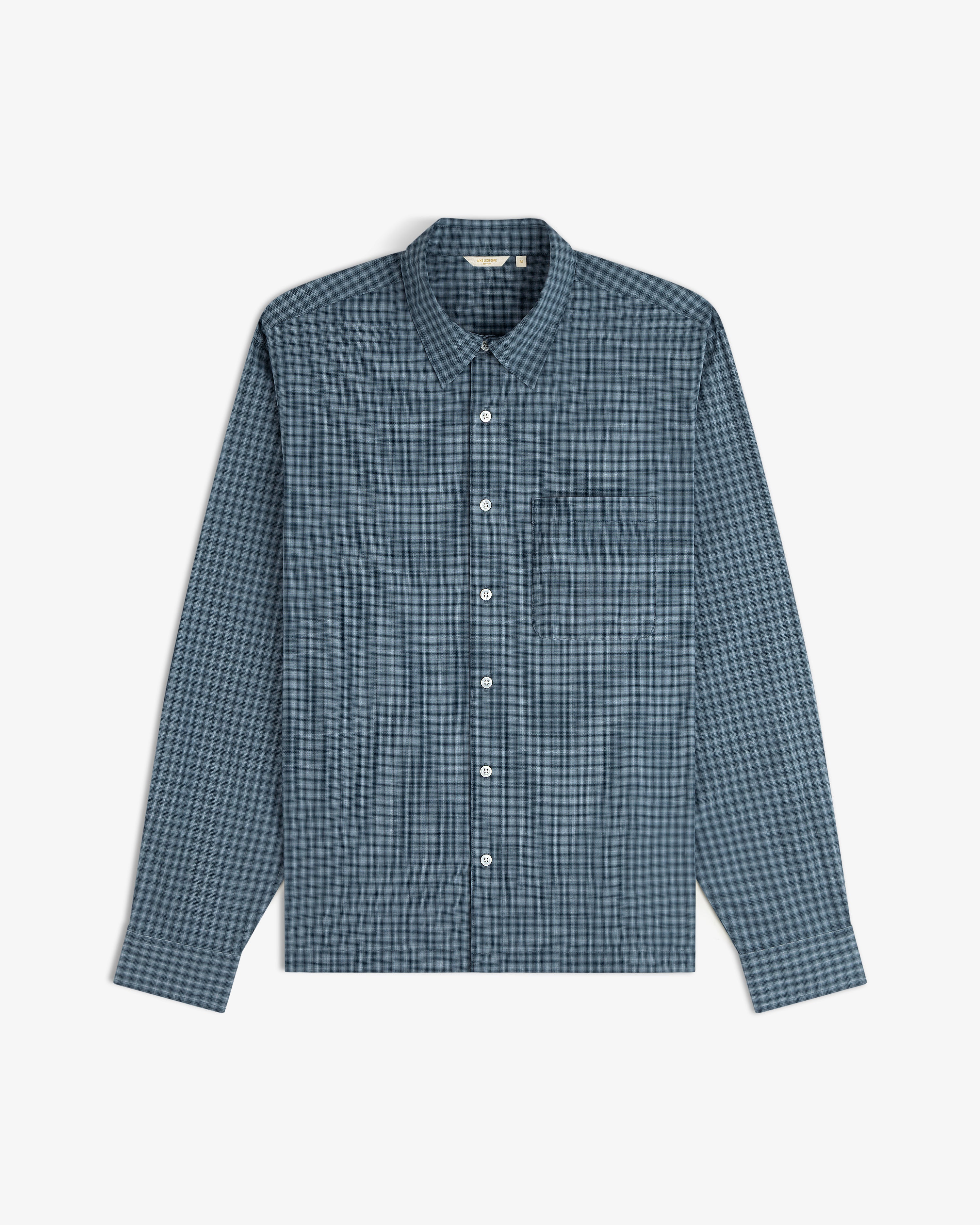 Plaid Casual Shirt in blue and black with long sleeves and front pocket, shown flat on a white background.