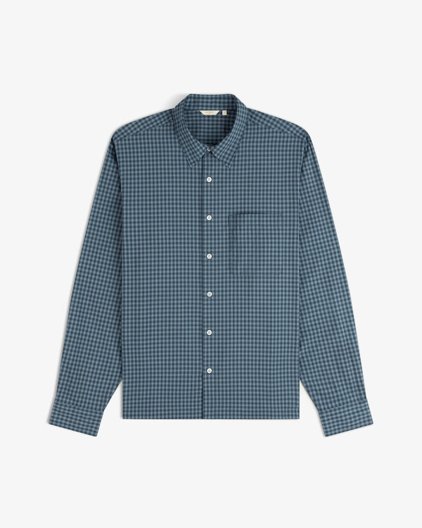 Plaid Casual Shirt in blue and black with long sleeves and front pocket, shown flat on a white background.