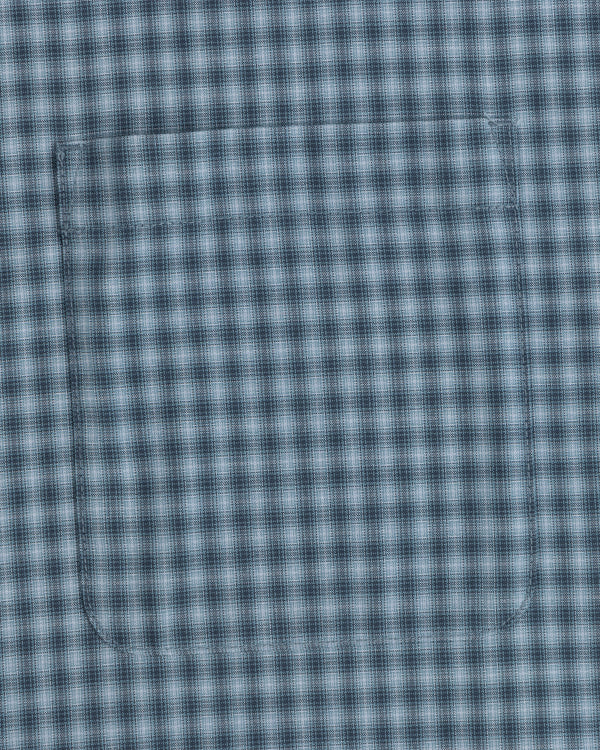 Close-up of a Plaid Casual Shirt in blue and white, featuring a central pocket.