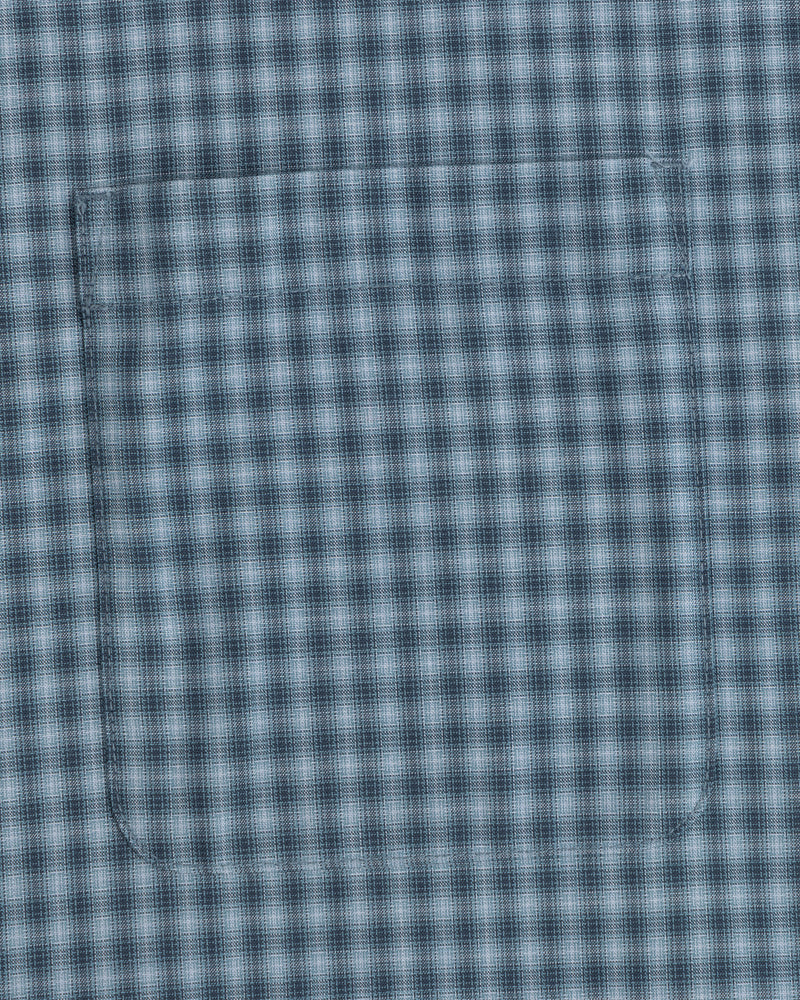 Close-up of a Plaid Casual Shirt in blue and white, featuring a central pocket.
