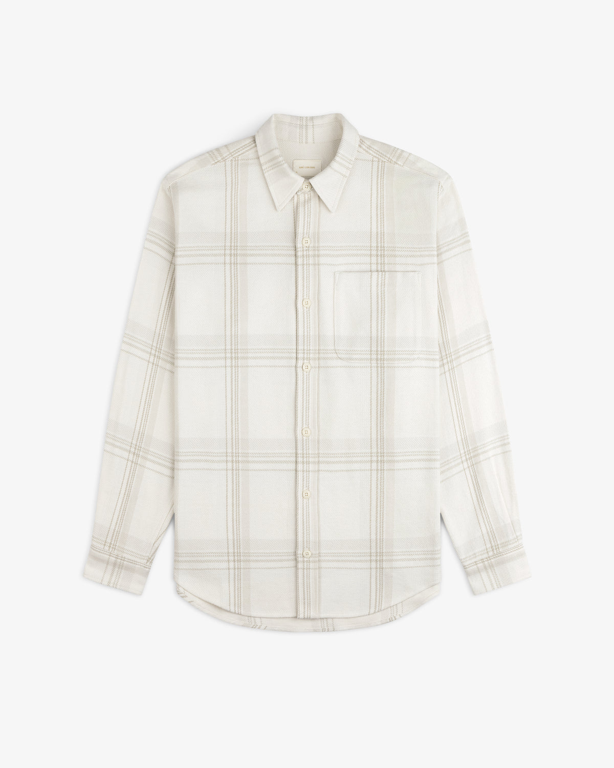 Yarn Dyed Plaid Overshirt, a long-sleeved button-down with a beige and white plaid pattern and a chest pocket.
