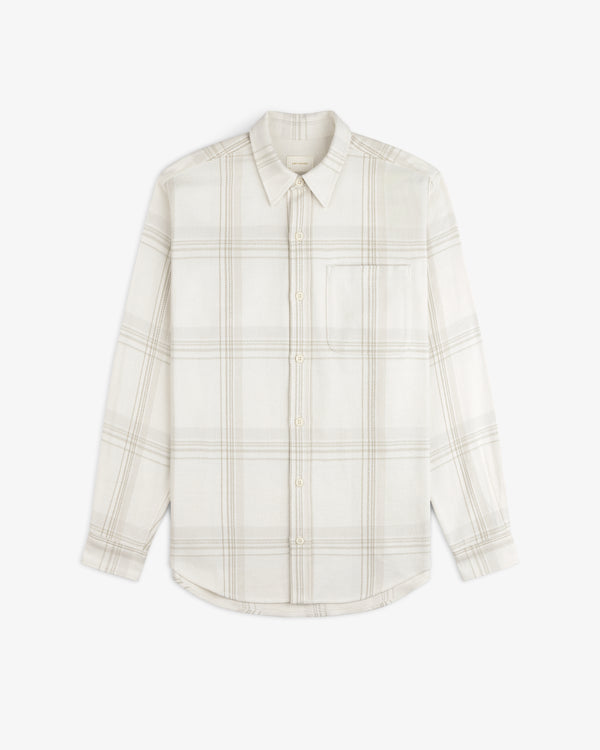 Yarn Dyed Plaid Overshirt, a long-sleeved button-down with a beige and white plaid pattern and a chest pocket.
