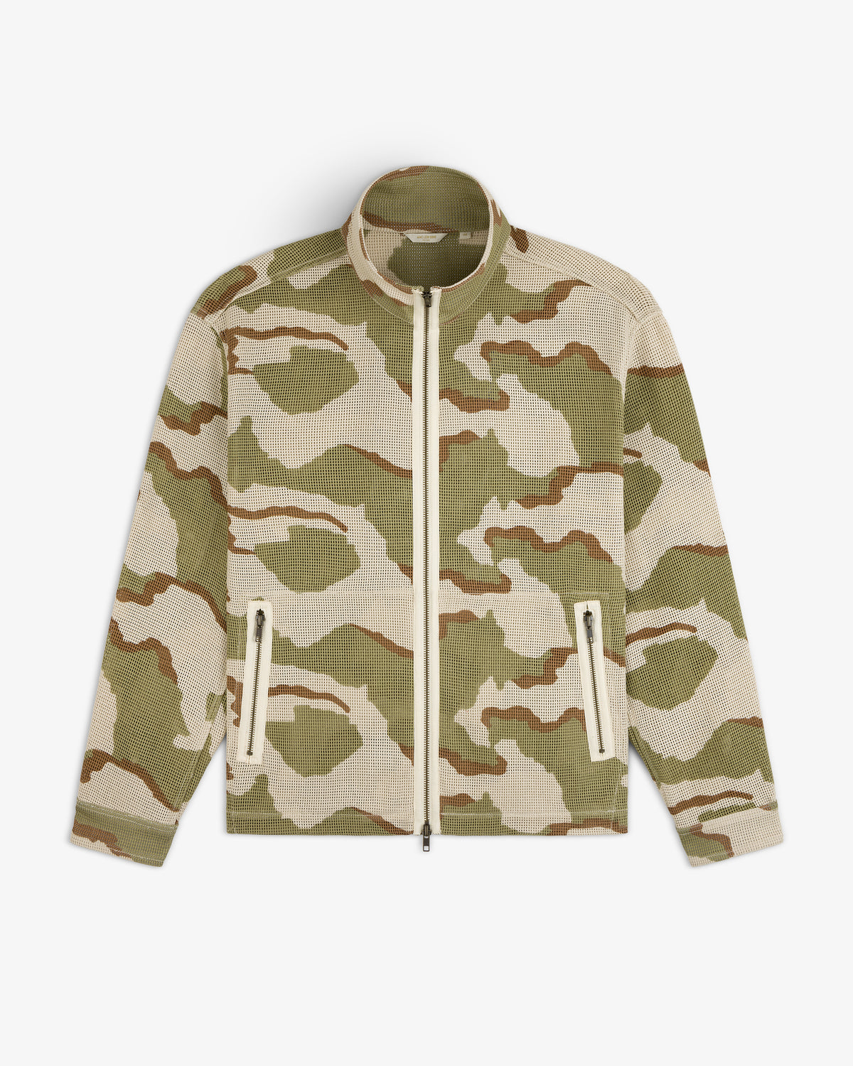 Camo Mesh Zip Overshirt in a tan and olive camo pattern with a zip-up front and two pockets.
