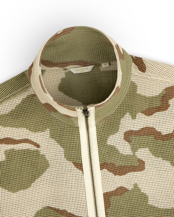 Camo Mesh Zip Overshirt featuring a camouflage mesh pattern, mock neck, front zipper, and size M label.