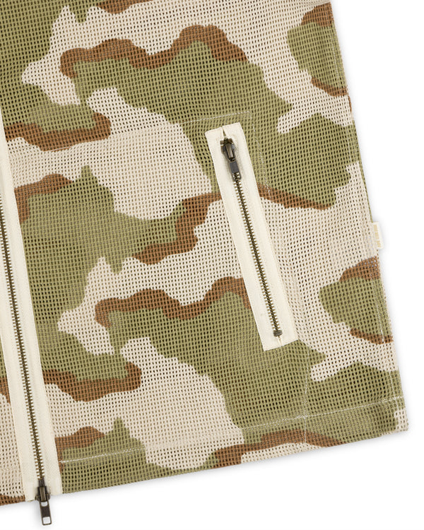 Camo Mesh Zip Overshirt featuring a camo-patterned mesh design, central full-length zipper, and side zippered pocket.