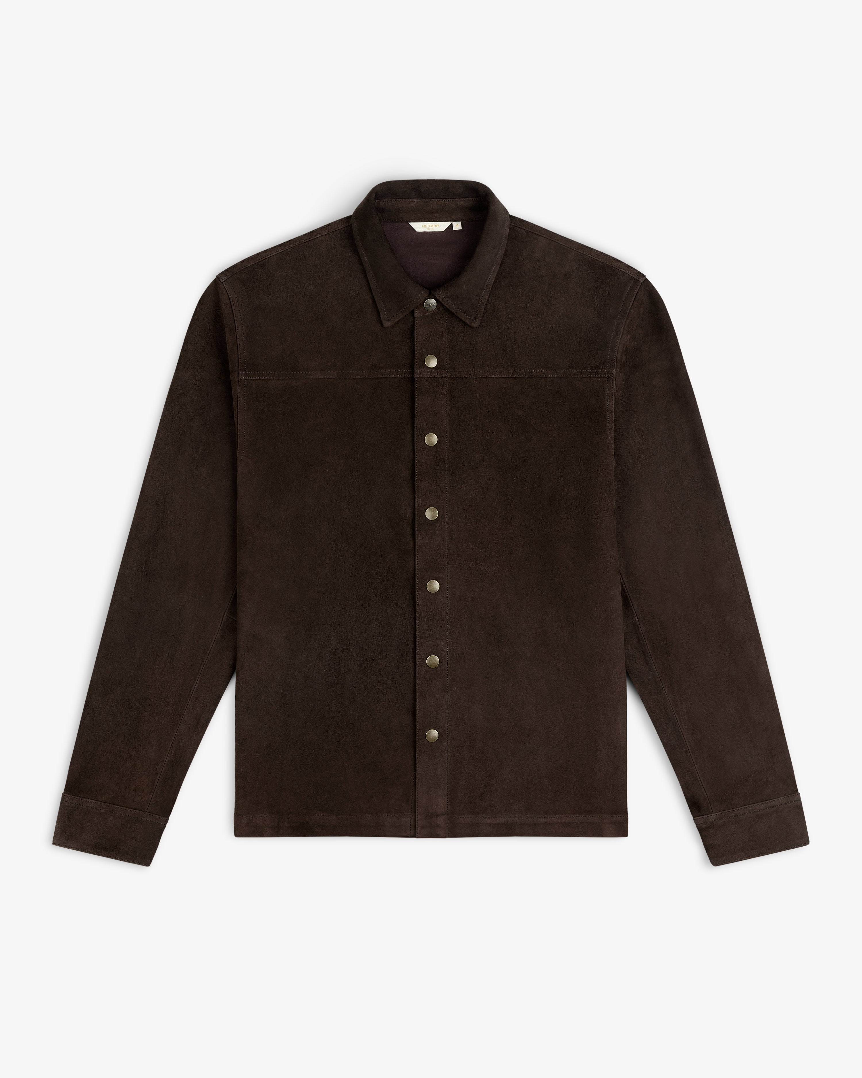 Suede Overshirt in dark brown suede with a collar and snap closures.