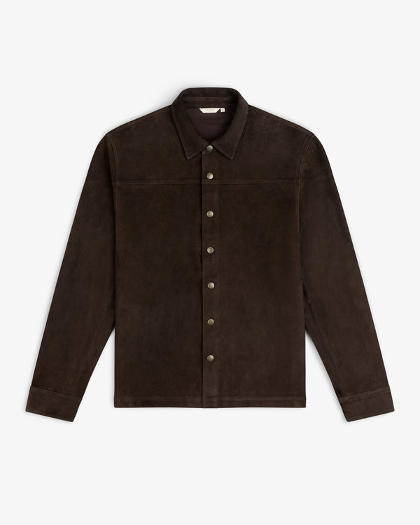 Suede Overshirt in dark brown suede with a collar and snap closures.