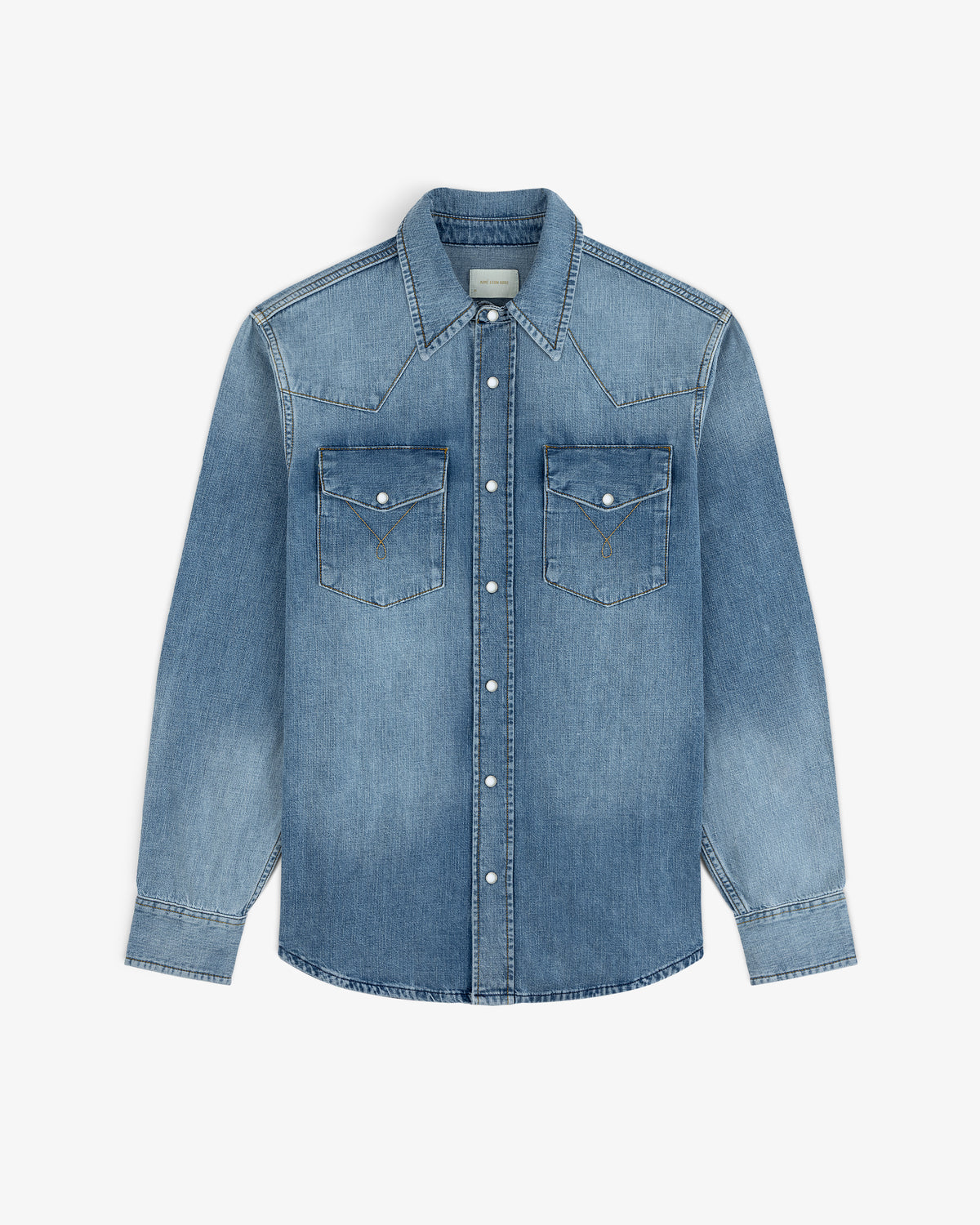 Denim Western Shirt: a long-sleeve blue denim button-down with two chest pockets and snap buttons.