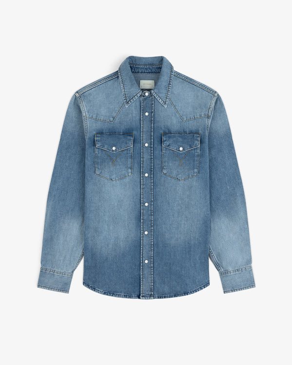 Denim Western Shirt: a long-sleeve blue denim button-down with two chest pockets and snap buttons.