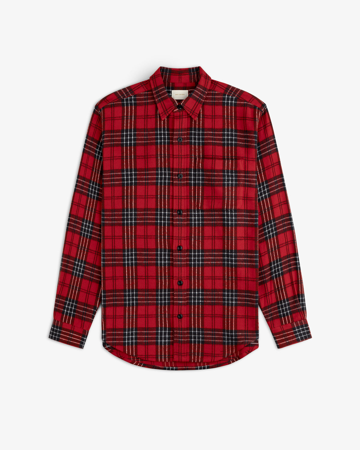 Yarn Dyed Plaid Overshirt, a long-sleeve, button-down shirt in a red and black plaid pattern.