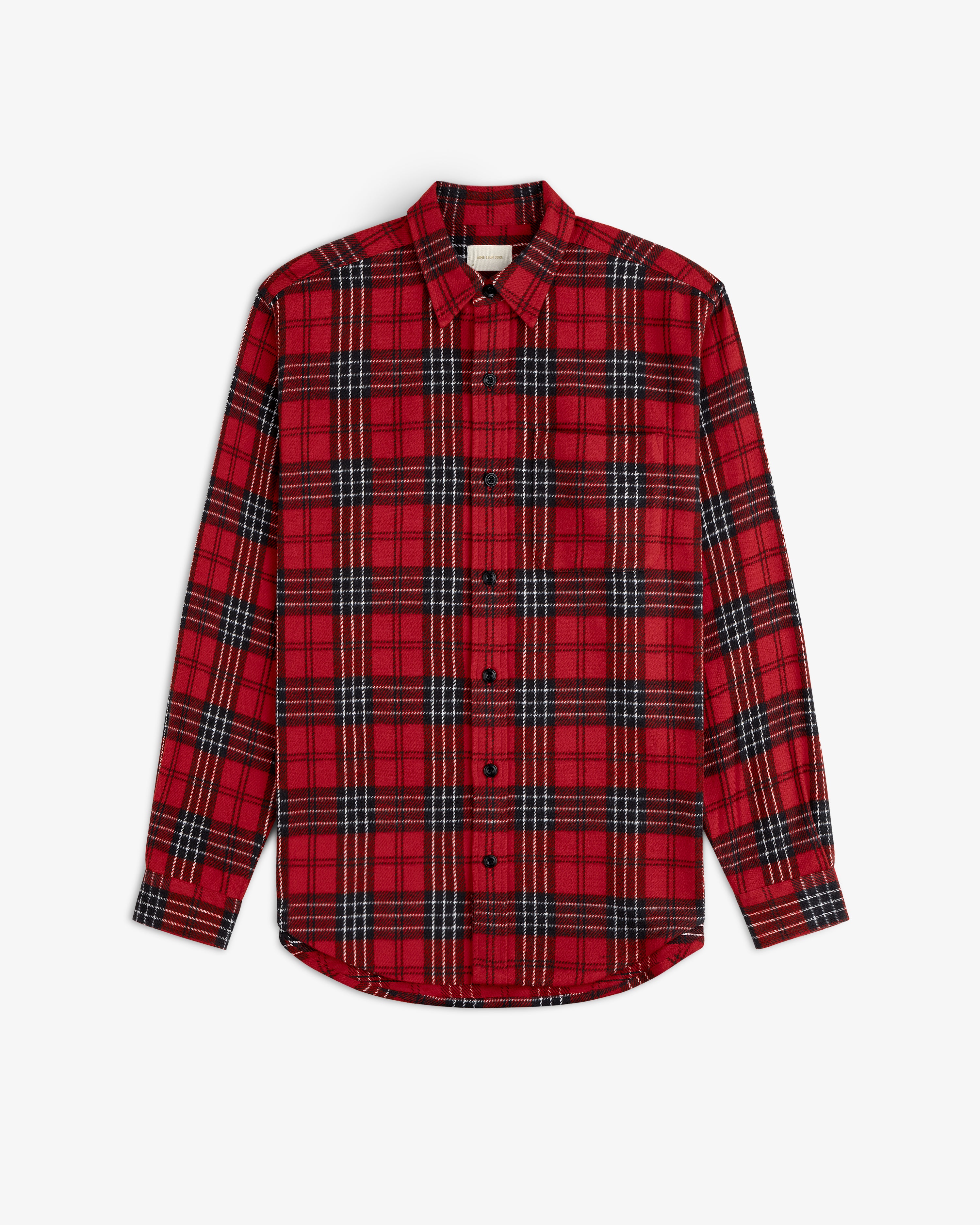 Yarn Dyed Plaid Overshirt, a long-sleeve, button-down shirt in a red and black plaid pattern.
